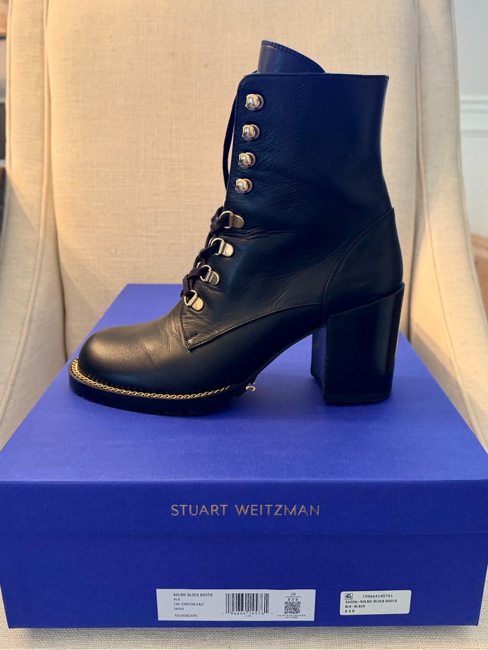 Stuart Weitzman Black Leather Block Heel Lace-Up Boot with Chain Trim